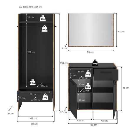 Garderobe Set 3-teilig Salud in grau und Nox Eiche Garderobenkombination 180 x 189 cm