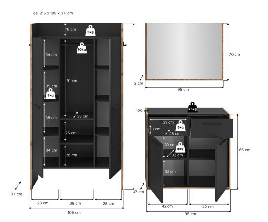 Garderobe Set 3-teilig Salud in grau und Nox Eiche Garderobenkombination 215 x 189 cm