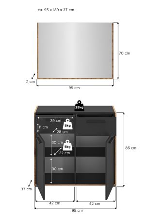 Garderobe Set 2-teilig Salud in grau und Nox Eiche Garderobenkombination 95 x 189 cm