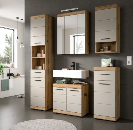Badezimmer Kommode Shawn in Sand und Evoke Eiche Badschrank 74 x 88 cm