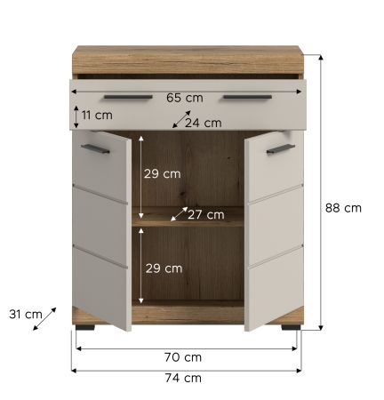 Badezimmer Kommode Shawn in Sand und Evoke Eiche Badschrank 74 x 88 cm