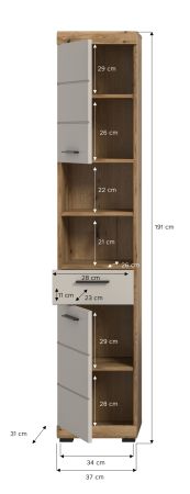 Badezimmer Hochschrank Shawn in Sand und Evoke Eiche Badschrank 37 x 191 cm