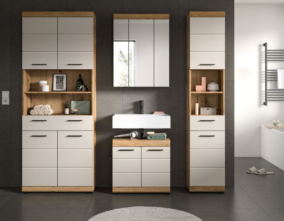 Badezimmer Hochschrank Shawn in Sand und Evoke Eiche Badschrank 74 x 191 cm