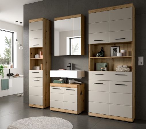 Badezimmer Hochschrank Shawn in Sand und Evoke Eiche Badschrank 74 x 191 cm