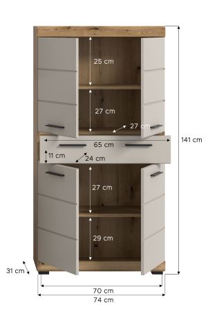 Badezimmer Midischrank Shawn in Sand und Evoke Eiche Badschrank 74 x 141 cm