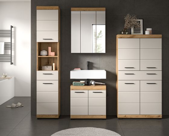 Badezimmer Midischrank Shawn in Sand und Evoke Eiche Badschrank 74 x 141 cm
