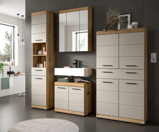 Badezimmer Midischrank Shawn in Sand und Evoke Eiche Badschrank 74 x 141 cm