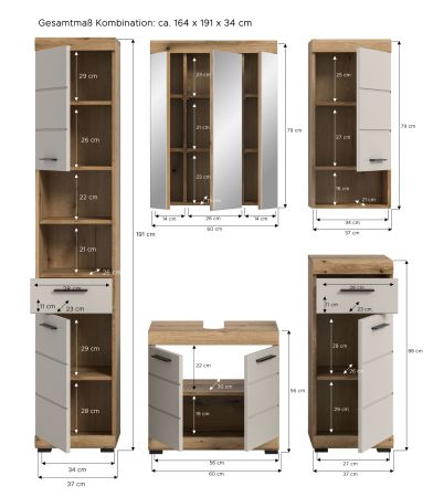 Badmbel Set 5-teilig Shawn in Sand und Evoke Eiche Badkombination 164 x 191 cm