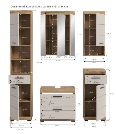 Badmbel Set 5-teilig Shawn in Sand und Evoke Eiche Badkombination 164 x 191 cm