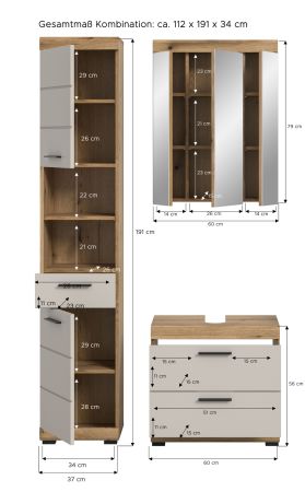 Badmbel Set 3-teilig Shawn in Sand und Evoke Eiche Badkombination 112 x 191 cm