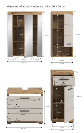 Badmbel Set 4-teilig Shawn in Sand und Evoke Eiche Badkombination 112 x 191 cm