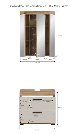 Badmbel Set 2-teilig Shawn in Sand und Evoke Eiche Badkombination 60 x 191 cm