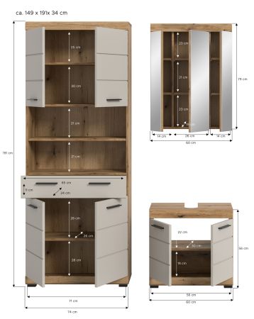 Badmbel Set 3-teilig Shawn in Sand und Evoke Eiche Badkombination 149 x 191 cm