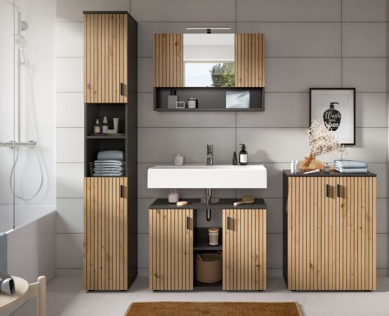 Waschbeckenunterschrank Livia in Artisan Eiche und grau Badezimmer Unterschrank 80 cm