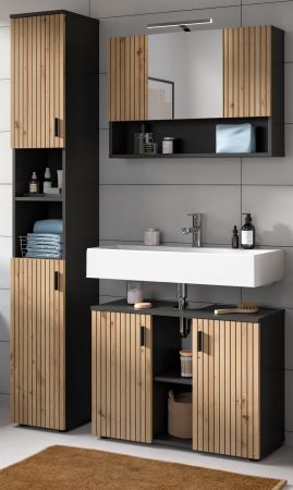 Badezimmer Hochschrank Livia in Artisan Eiche und grau Badschrank 30 x 192 cm