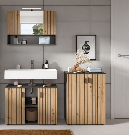 Badezimmer Kommode Livia in Artisan Eiche und grau Badschrank 60 x 81 cm