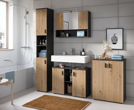 Badezimmer Kommode Livia in Artisan Eiche und grau Badschrank 60 x 81 cm