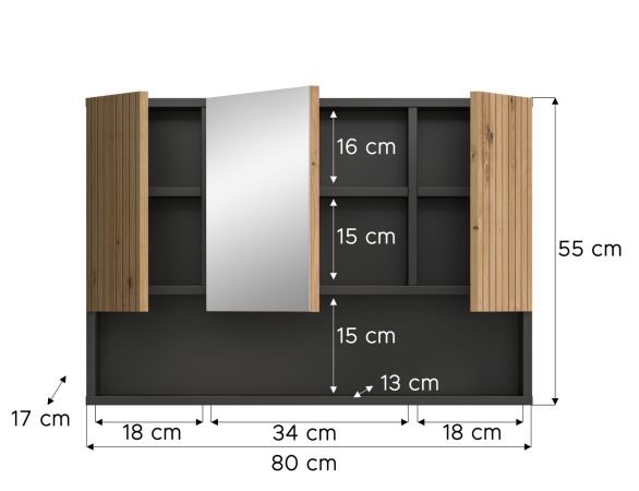 Badezimmer Spiegelschrank Livia in Artisan Eiche und grau Badschrank 3-trig 80 x 55 cm