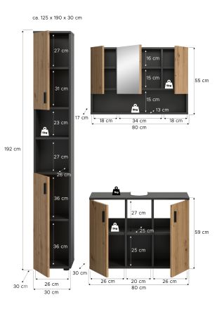 Badmbel Set 3-teilig Livia in Artisan Eiche und grau Badkombination 125 x 192 cm