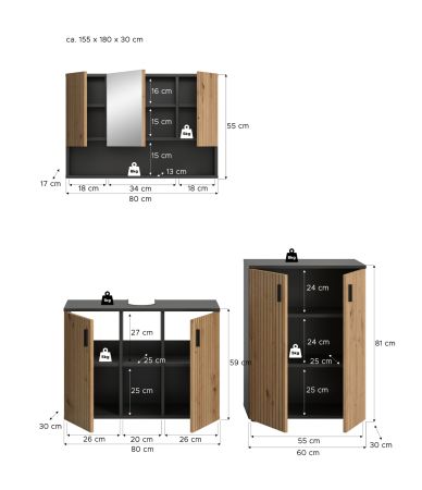 Badmbel Set 3-teilig Livia in Artisan Eiche und grau Badkombination 155 x 180 cm