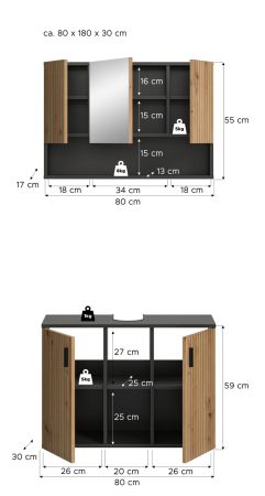 Badmbel Set 2-teilig Livia in Artisan Eiche und grau Badkombination 80 x 180 cm