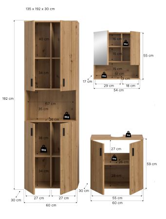 Badmbel Set 3-teilig Livia in Artisan Eiche Badkombination 135 x 192 cm