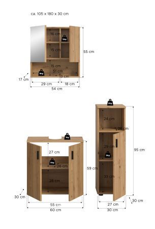 Badmbel Set 3-teilig Livia in Artisan Eiche Badkombination 105 x 180 cm