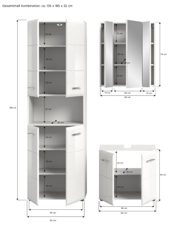 Badmbel Set 3-teilig Cover in wei Hochglanz Badkombination 135 x 185 cm