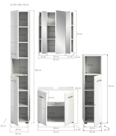 Badmbel Set 4-teilig Cover in wei Hochglanz Badkombination 150 x 185 cm