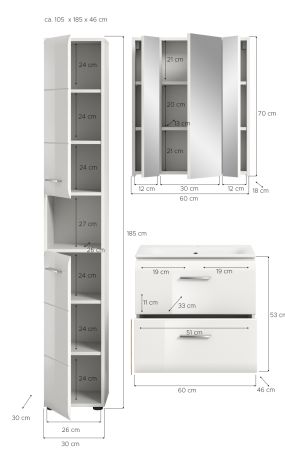 Badmbel Set 3-teilig Cover in wei Hochglanz Badkombination 105 x 185 cm