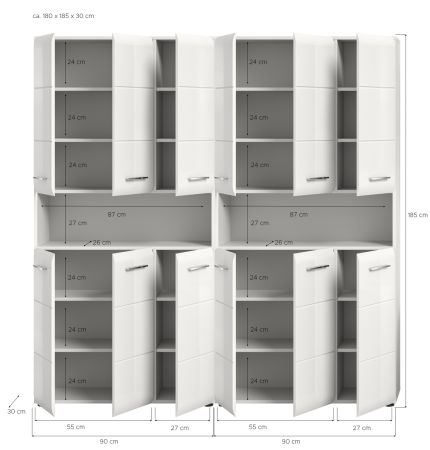 Badezimmer Hochschrank Set Cover in wei Hochglanz 2x Mehrzweckschrank 180 x 185 cm