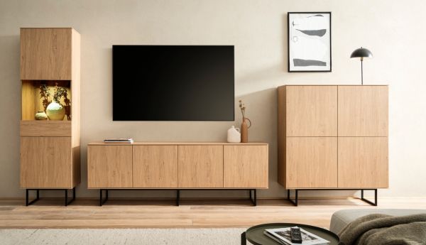 Wohnwand Breda in Stone Eiche Wohnkombination 3-teilig 403 cm, mit Push-to-Open