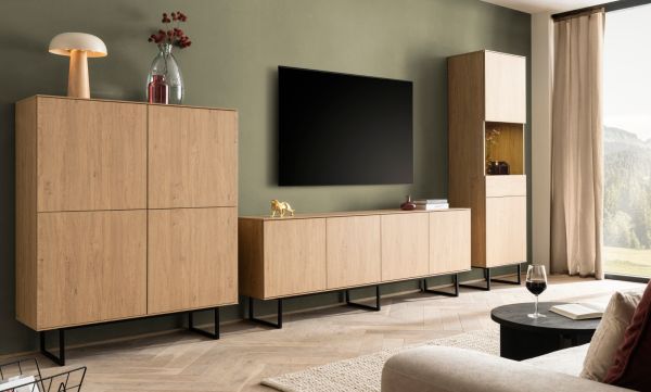 Wohnwand Breda in Stone Eiche Wohnkombination 3-teilig 403 cm, mit Push-to-Open