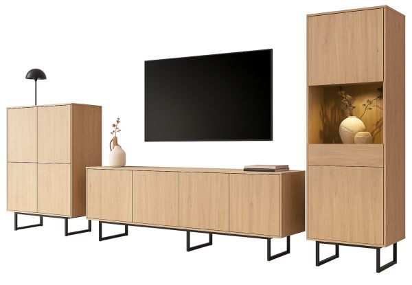 Wohnwand Breda in Stone Eiche Wohnkombination 3-teilig 403 cm, mit Push-to-Open