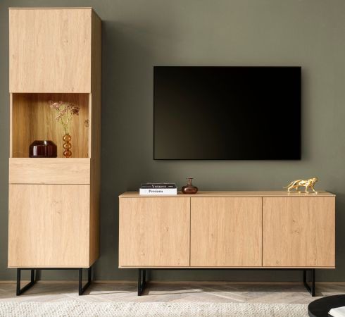 Wohnwand Breda in Stone Eiche Wohnkombination 2-teilig 223 cm, mit Push-to-Open