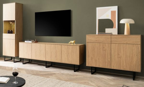 Wohnwand Breda in Stone Eiche Wohnkombination 3-teilig 403 cm, mit Push-to-Open