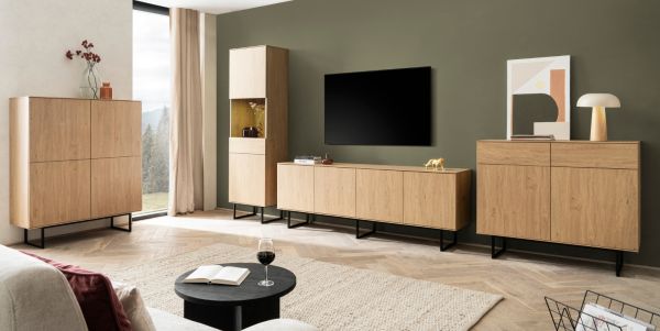 Wohnwand Breda in Stone Eiche Wohnkombination 3-teilig 403 cm, mit Push-to-Open