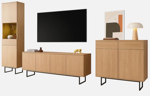 Wohnwand Breda in Stone Eiche Wohnkombination 3-teilig 403 cm, mit Push-to-Open