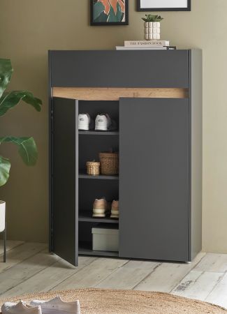 Schuhschrank Center in grau matt und Wotan Eiche Flurkommode 85 x 122 cm