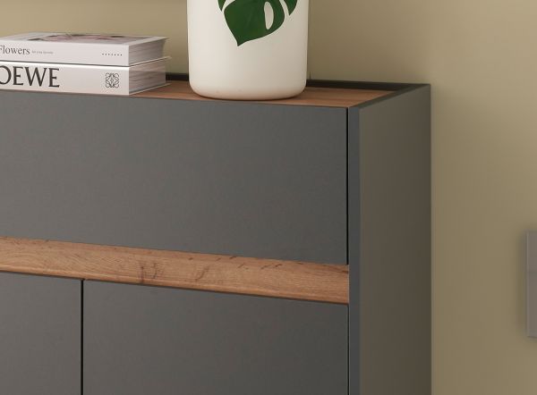 Schuhschrank Center in grau matt und Wotan Eiche Flurkommode 85 x 122 cm