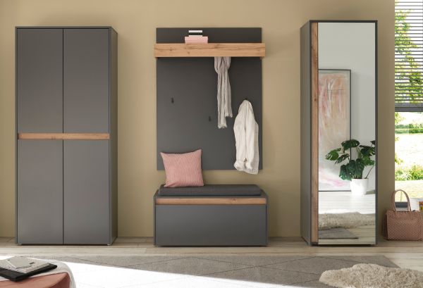 Schuhschrank Center in grau matt und Wotan Eiche Flurschrank 85 x 195 cm