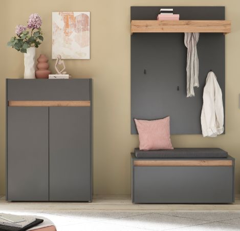 Garderobe Set 4-teilig Center in grau matt und Wotan Eiche Garderobenkombination 195 x 200 cm