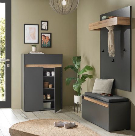 Garderobe Set 4-teilig Center in grau matt und Wotan Eiche Garderobenkombination 195 x 200 cm