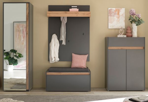 Garderobe Set 5-teilig Center in grau matt und Wotan Eiche Garderobenkombination 265 x 200 cm