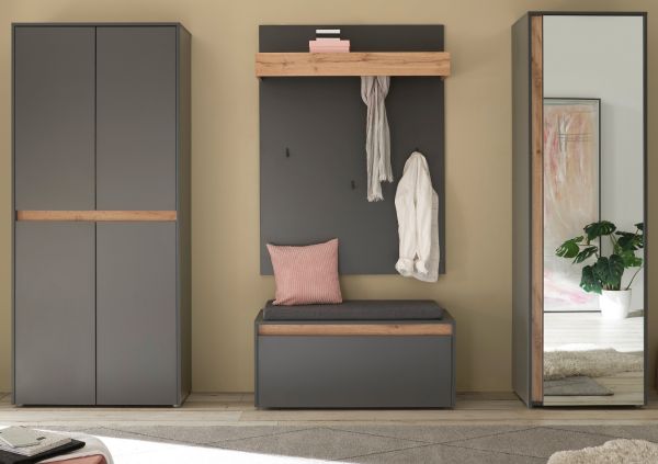 Garderobe Set 5-teilig Center in grau matt und Wotan Eiche Garderobenkombination 265 x 200 cm