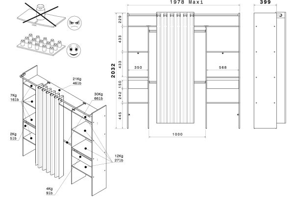 Parisot Kleiderschrank Combi in wei und grau Mehrzweckschrank mit Vorhang 198 x 203 cm