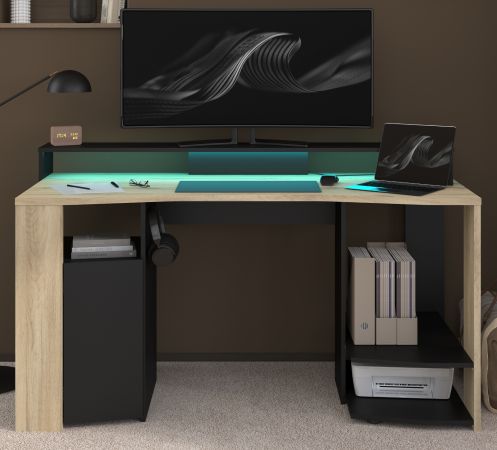 Gamingtisch Meta in Eiche und schwarz Gamer Schreibtisch inkl. LED mit Farbwechsel 152 cm