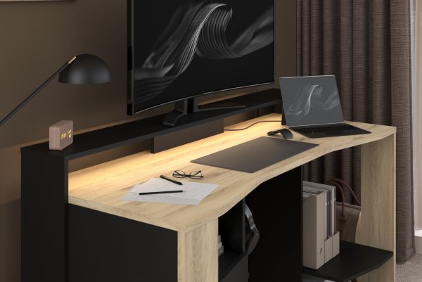 Gamingtisch Meta in Eiche und schwarz Gamer Schreibtisch inkl. LED mit Farbwechsel 152 cm