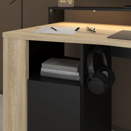 Gamingtisch Meta in Eiche und schwarz Gamer Schreibtisch inkl. LED mit Farbwechsel 152 cm