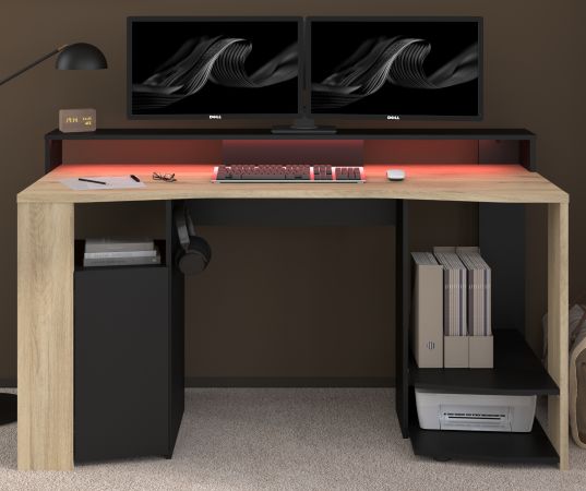 Gamingtisch Meta in Eiche und schwarz Gamer Schreibtisch inkl. LED mit Farbwechsel 152 cm